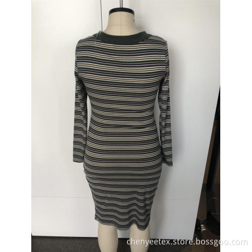 V-neck striped long knit dress